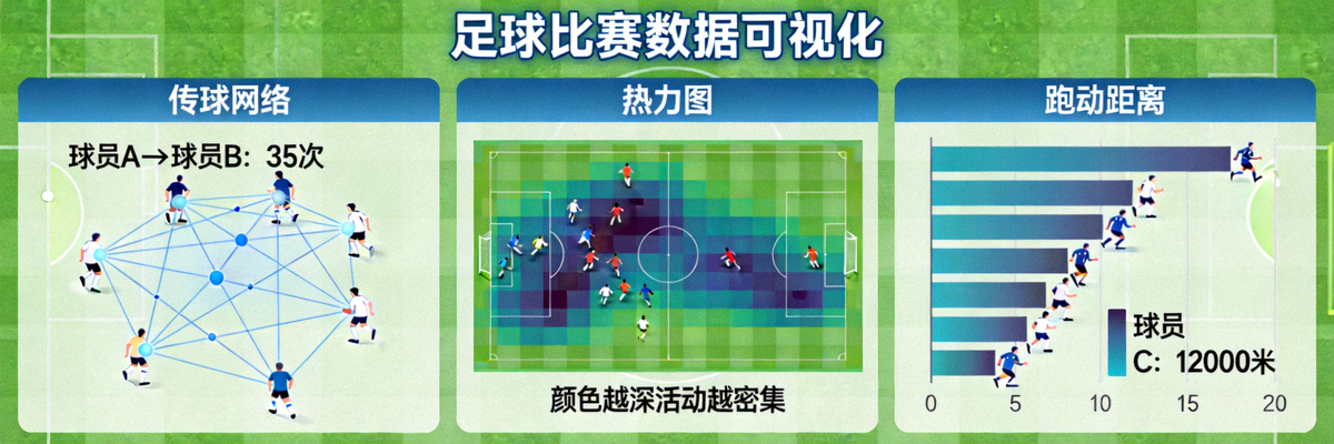 足球比赛数据可视化图表展示，包含传球网络、热力图和跑动距离